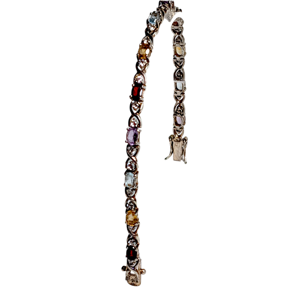 14K White Gold Plated Sterling Silver 925 7in Tennis Bracelet Topaz Garnet‎